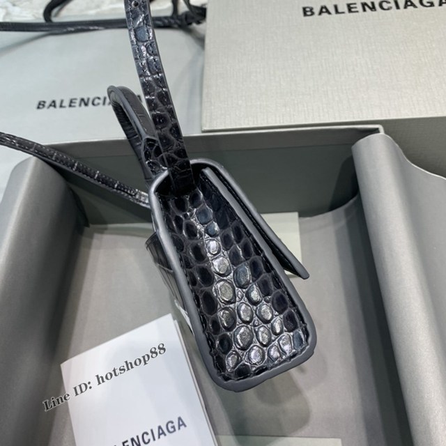 Balenciaga專櫃爆款迷你鱷魚碳黑色手提女包 巴黎世家mini Hourglass沙漏包 fyj1930